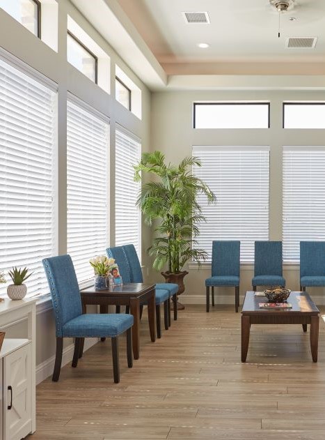 Blue chairs in dental office waiting area