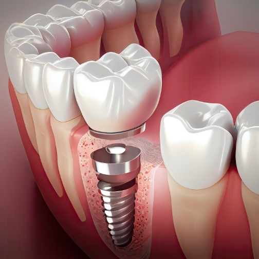 Illustrated dental implant with crown replacing a missing lower tooth
